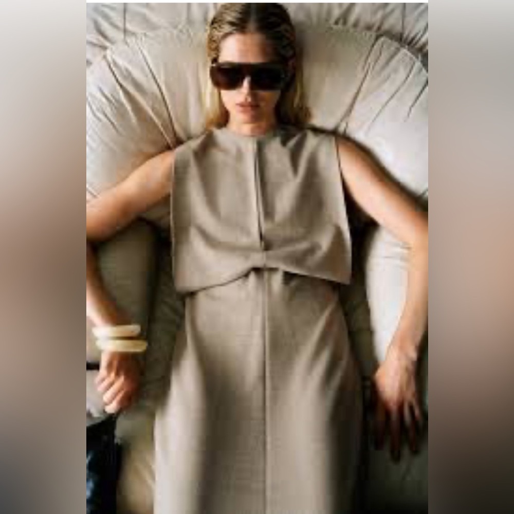 ZW ZARA COLLECTION PLEATED MIDI DRESS, TAN SIZE LARGE NWT!